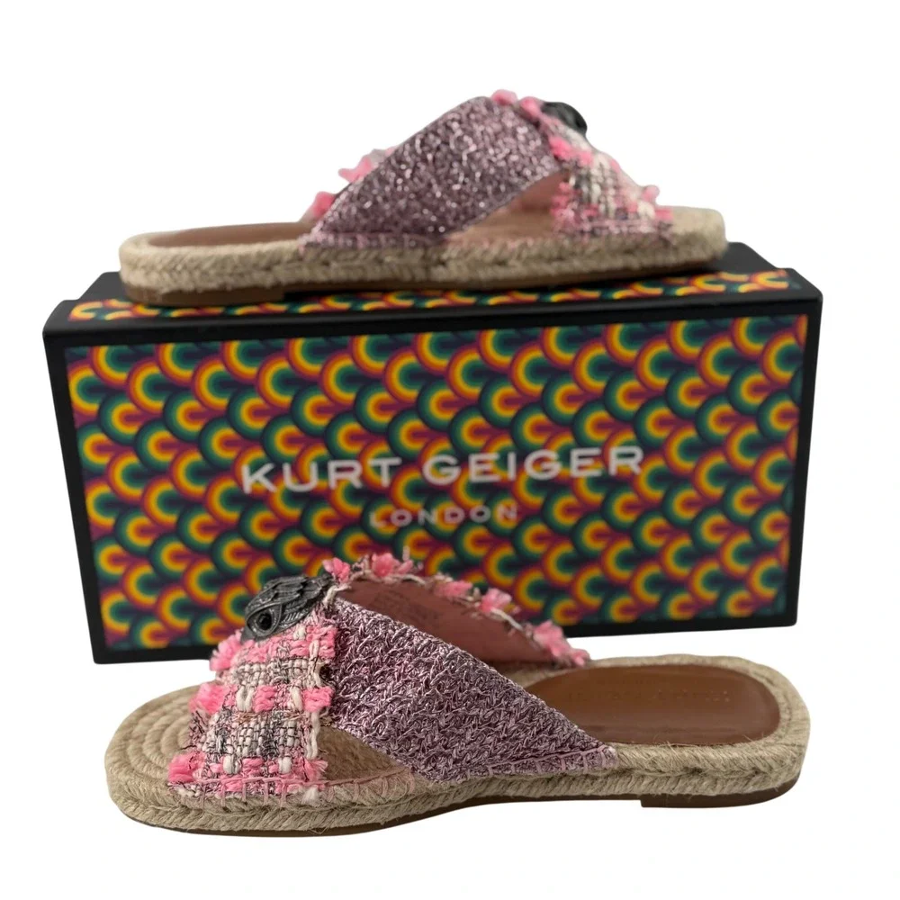Kurt Geiger Womens 7 Kensington X Espadrille Slide Pink Tweed‎ Eagle Head Sandal